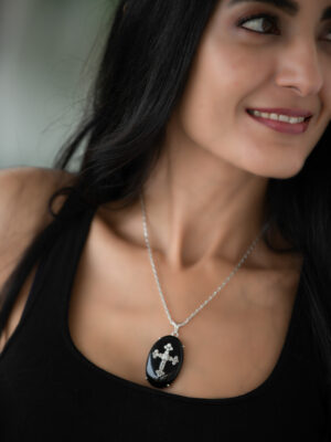 Black Onyx pendant with a vintage setting cross